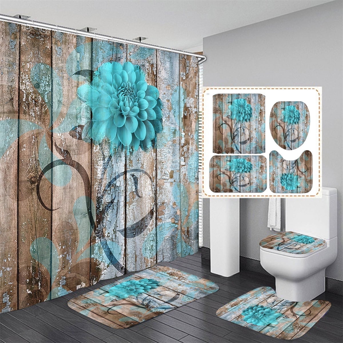 4 Pcs Bathroom Shower Curtain Set Blue Rose Shower Curtain Bathroom Sets Valentine's Day Shower Curtain Sets with Rugs(Bath Mat,U Shape and Toilet Lid Cover Mat) and 12 Hooks
