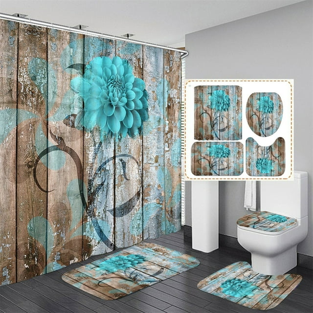 4 Pcs Bathroom Shower Curtain Set,Blue Rose Shower Curtain Valentine's