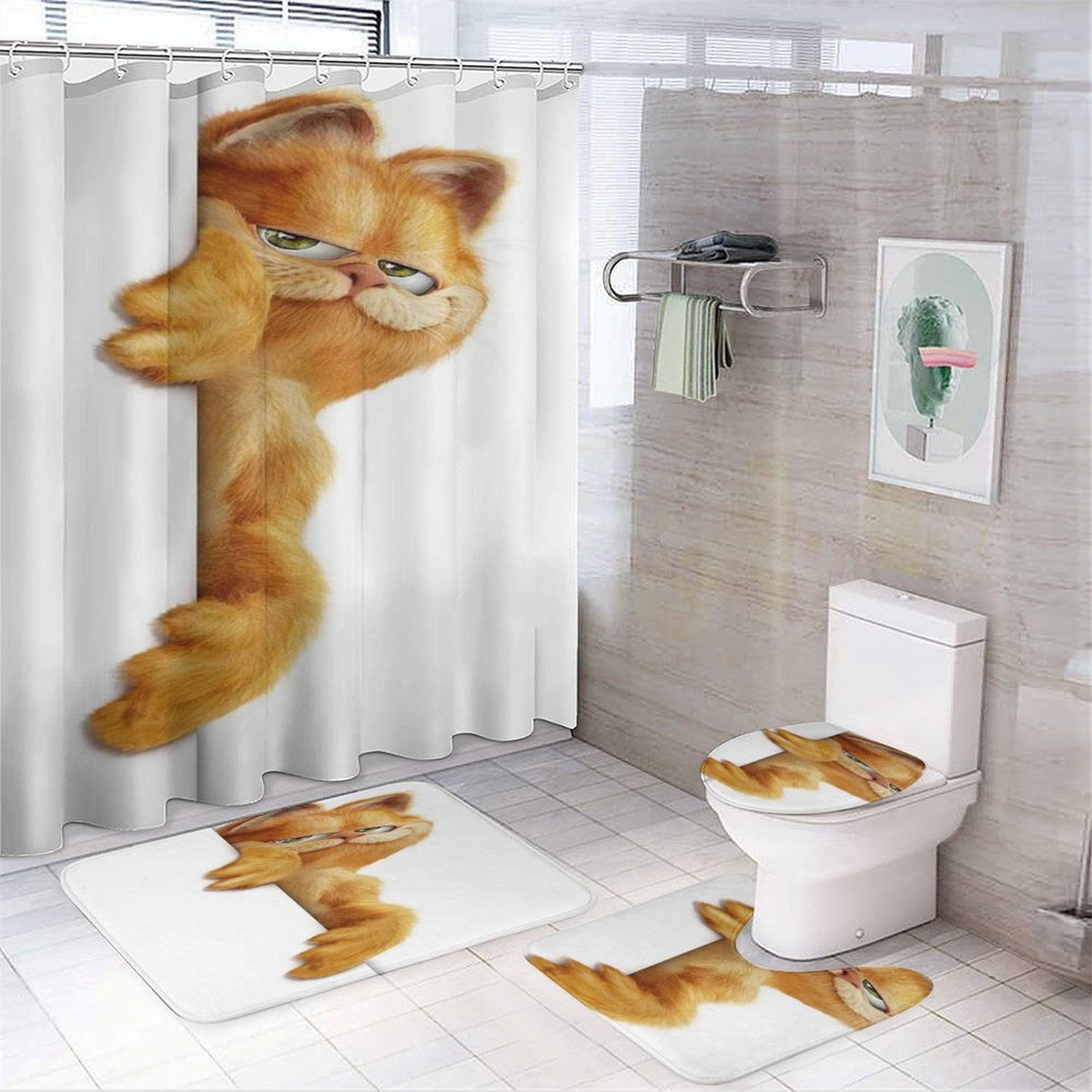 4 Pcs Bathroom Shower Curtain Set Garfield Bathroom Sets with Rugs(Bath