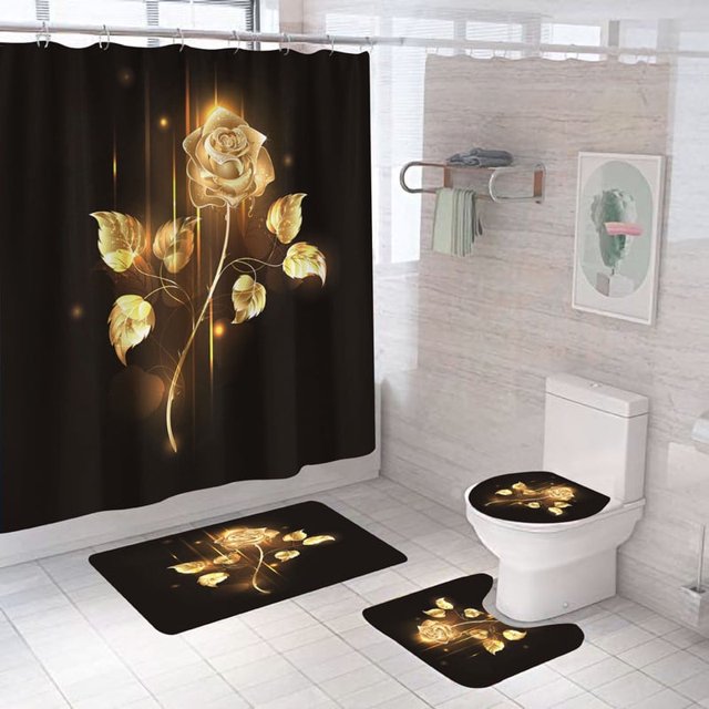 4 Pcs Bathroom Shower Curtain Set Gold Flowers Shower Curtain Bathroom