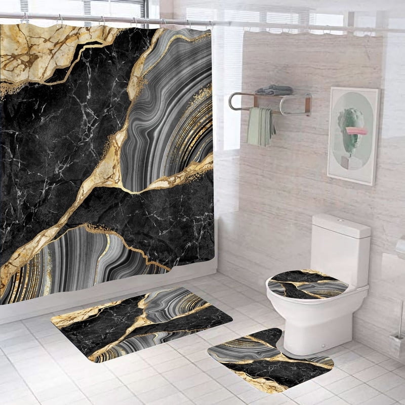 4 Pcs Bathroom Shower Curtain Set Gray Marble Shower Curtain Bathroom