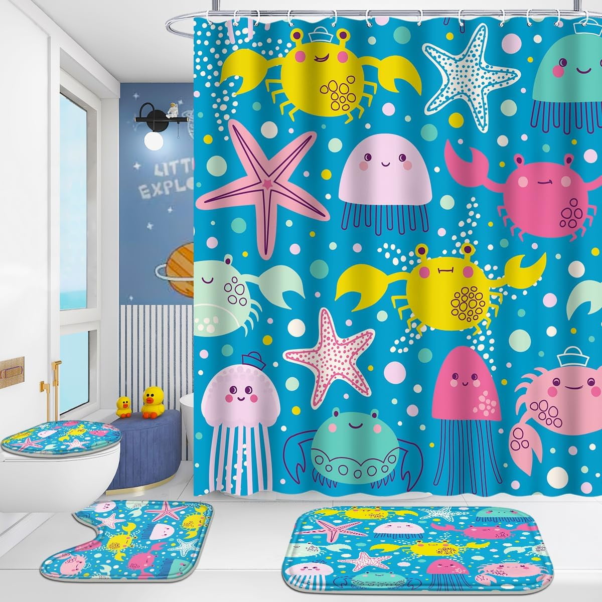 4 Pcs Bathroom Shower Curtain Set,Kid's Bathroom Set,Baby Octopus Shower Curtain Sets with Rugs(Bath Mat,U Shape and Toilet Lid Cover Mat) and 12 Hooks