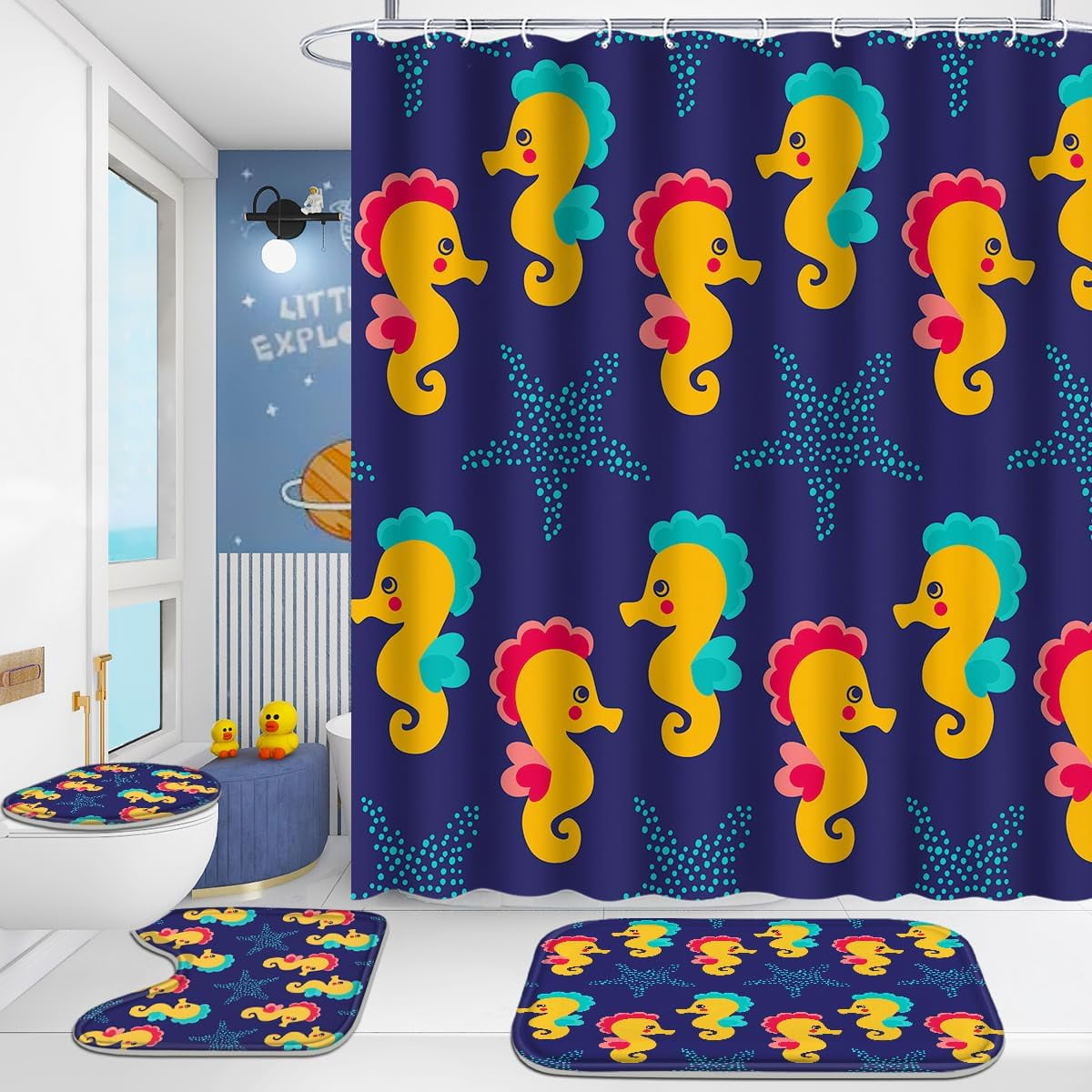 4 Pcs Bathroom Shower Curtain Set,Kid's Bathroom Set,Baby Octopus Shower Curtain Sets with Rugs(Bath Mat,U Shape and Toilet Lid Cover Mat) and 12 Hooks