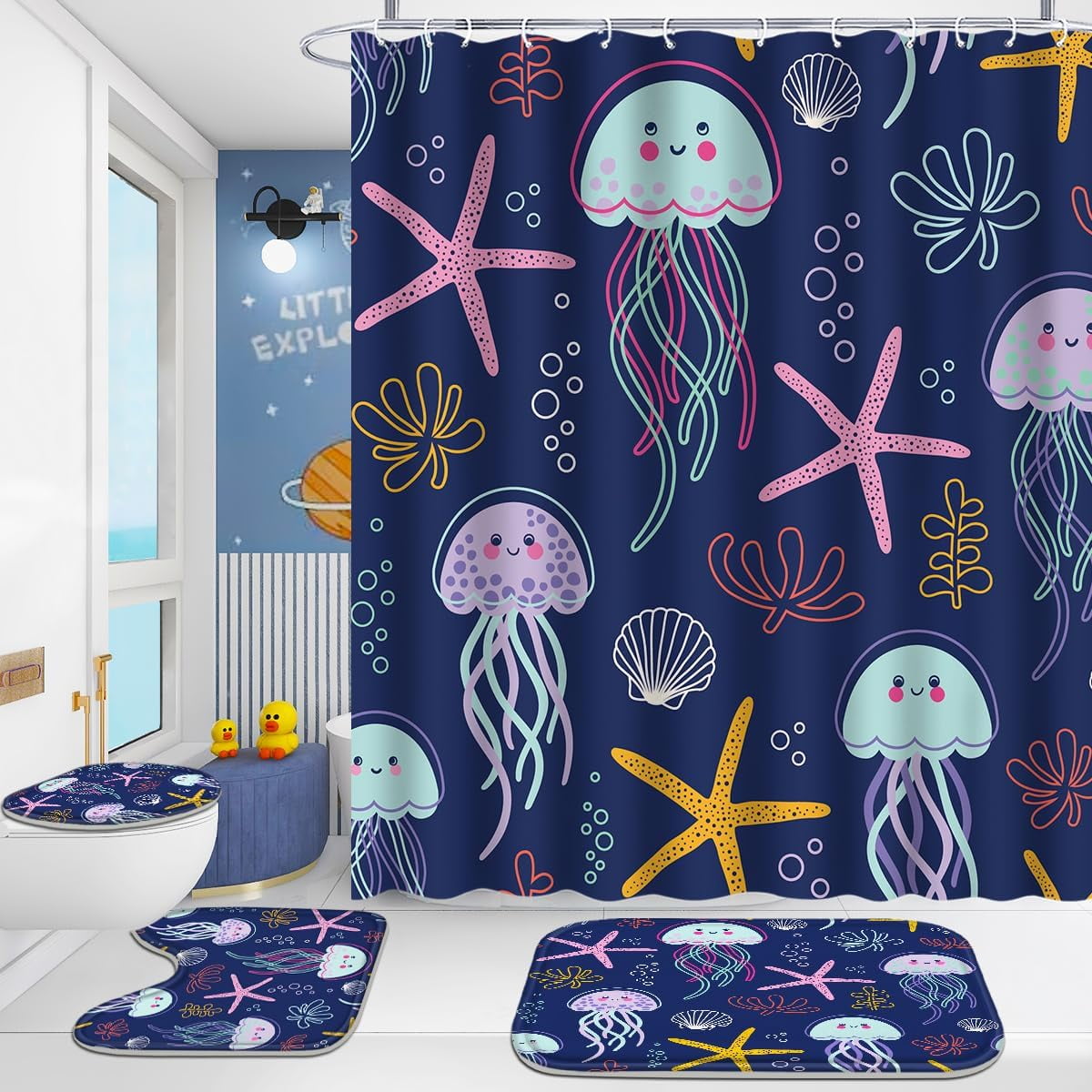 4 Pcs Bathroom Shower Curtain Set,Kid's Bathroom Set,Baby Octopus Shower Curtain Sets with Rugs(Bath Mat,U Shape and Toilet Lid Cover Mat) and 12 Hooks