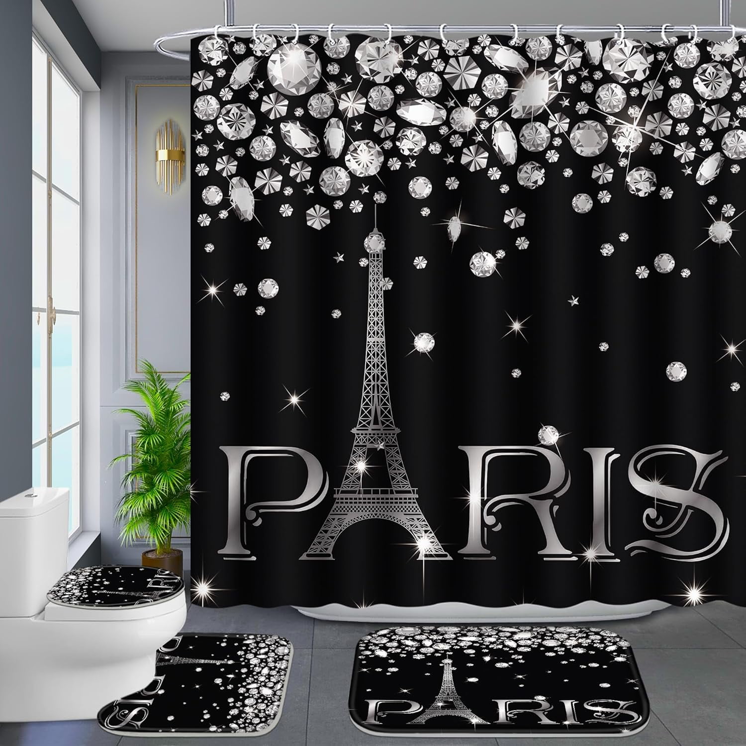 4 Pcs Bathroom Shower Curtain Set,Light Butterfly Bathroom Sets with Rugs(Bath Mat,U Shape and Toilet Lid Cover Mat) and 12 Durable Hooks 71x71in