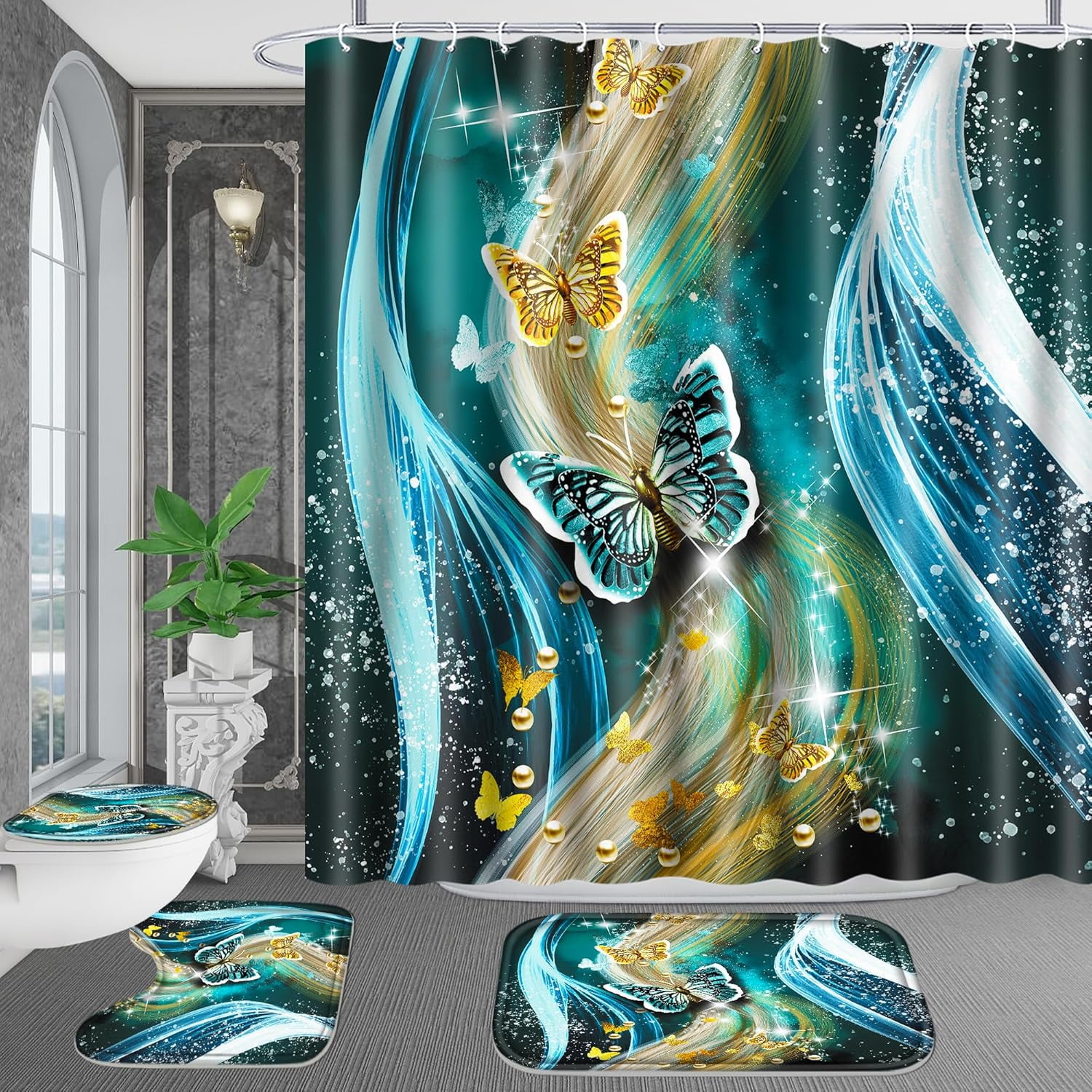 4 Pcs Bathroom Shower Curtain Set,Light Butterfly Bathroom Sets with Rugs(Bath Mat,U Shape and Toilet Lid Cover Mat) and 12 Durable Hooks 71x71in