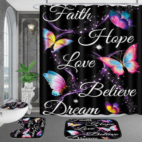 4 Pcs Bathroom Shower Curtain Set,Light Butterfly Bathroom Sets with Rugs(Bath Mat,U Shape and Toilet Lid Cover Mat) and 12 Durable Hooks 71x71in