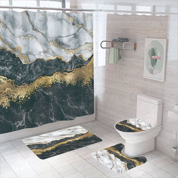 4 Pcs Bathroom Shower Curtain Set, Marble Abstract Art, Waterproof Mildew-resistant, Shower Curtain Sets with Rugs(Bath Mat,U Shape and Toilet Lid Cover Mat)