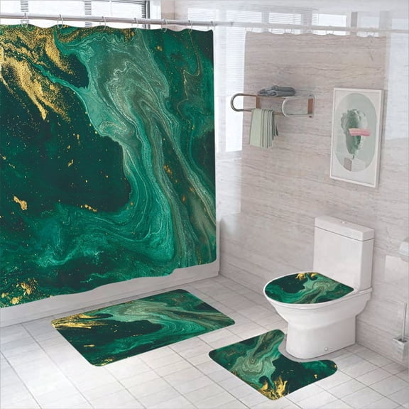4 Pcs Bathroom Shower Curtain Set, Marble Abstract Art, Waterproof Mildew-resistant, Shower Curtain Sets with Rugs(Bath Mat,U Shape and Toilet Lid Cover Mat)