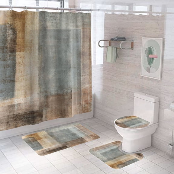4 Pcs Bathroom Shower Curtain Set, Marble Abstract Art, Waterproof Mildew-resistant, Shower Curtain Sets with Rugs(Bath Mat,U Shape and Toilet Lid Cover Mat)