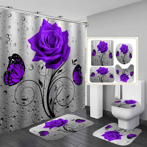 4 Pcs Bathroom Shower Curtain Set Navy Rose Shower Curtain Bathroom Sets Valentine's Day Shower Curtain Sets with Rugs(Bath Mat,U Shape and Toilet Lid Cover Mat) and 12 Hooks,72 x 72 Inch