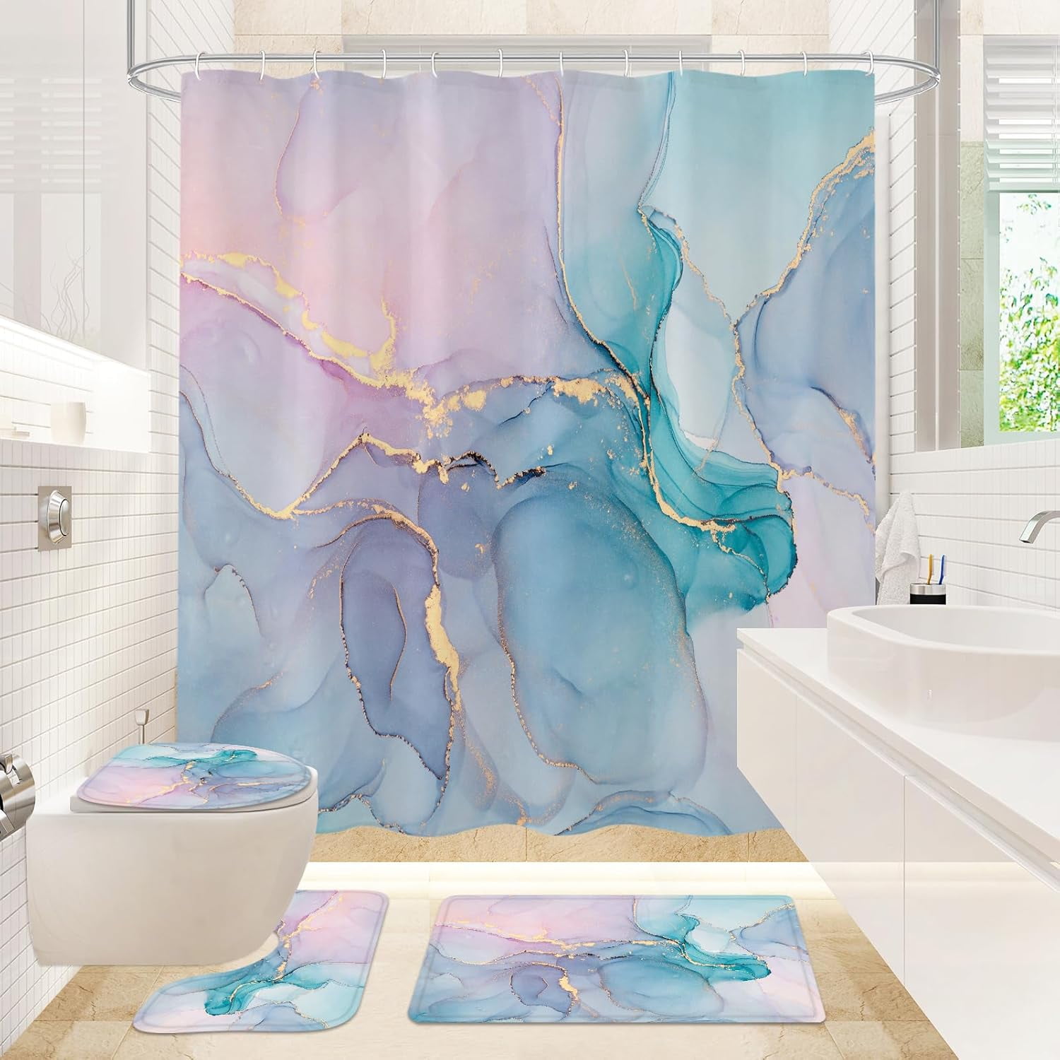 4 Pcs Bathroom Shower Curtain Set with NonSlip Rugs, Toilet Lid Cover