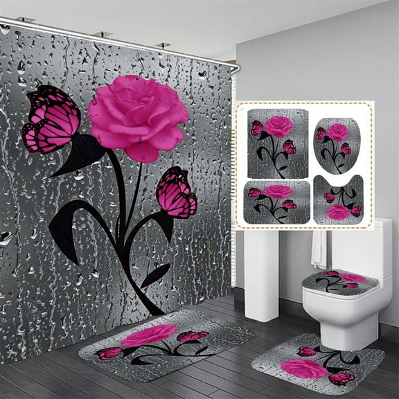 4 Pcs Bathroom Shower Curtain Set Pink Rose Shower Curtain Bathroom Sets Valentine's Day Shower Curtain Sets with Rugs(Bath Mat,U Shape and Toilet Lid Cover Mat) and 12 Hooks