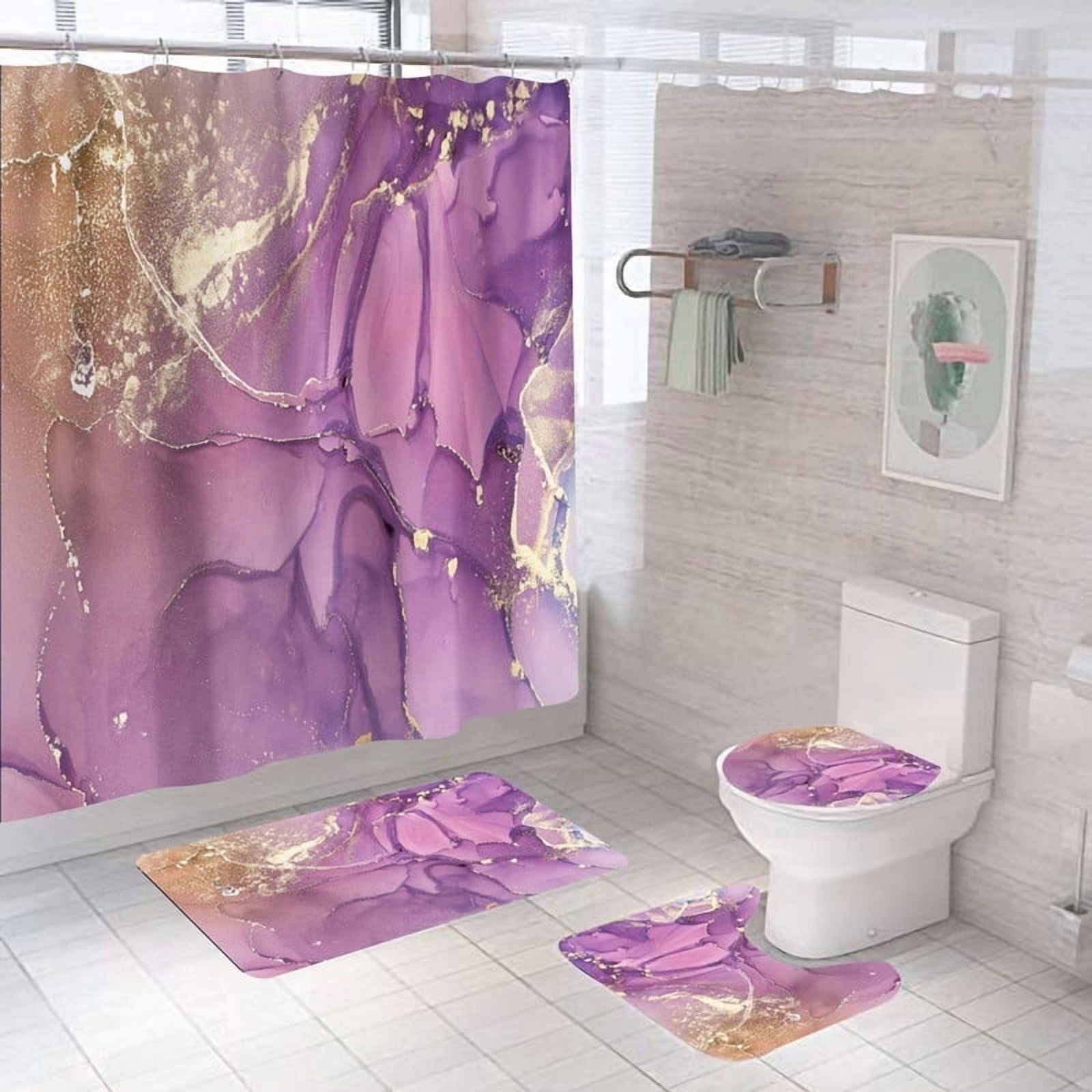 4 Pcs Bathroom Shower Curtain Set Purple Marble Pattern Bathroom Sets with Rugs (Bath Mat,U Shape and Toilet Lid Cover Mat) and 12 Hooks Machine Washable