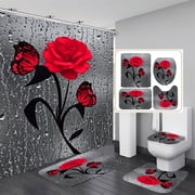 4 Pcs Bathroom Shower Curtain Set Red Rose Shower Curtain Bathroom Sets Valentines Day Shower Curtain Sets with RugsBath Mat,U Shape and Toilet Lid Cover Mat and 12 Hooks