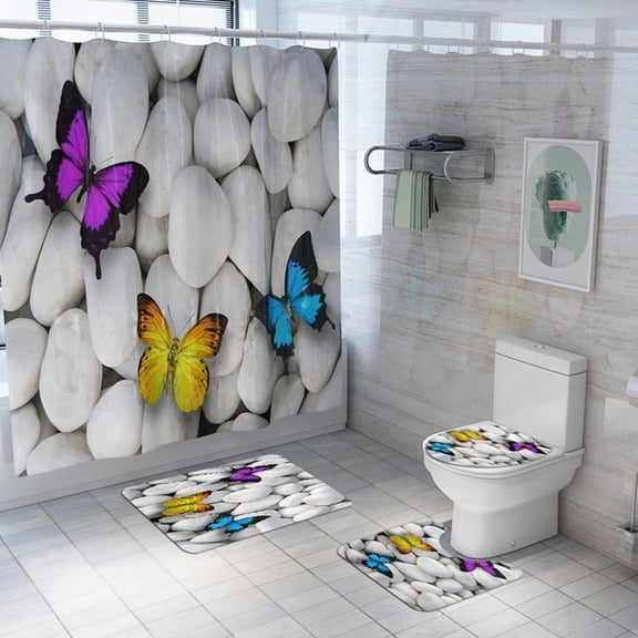 4 Pcs Bathroom Shower Curtain Set Shower Curtain with 12 Hooks Bathroom Sets with Rugs Machine Washable