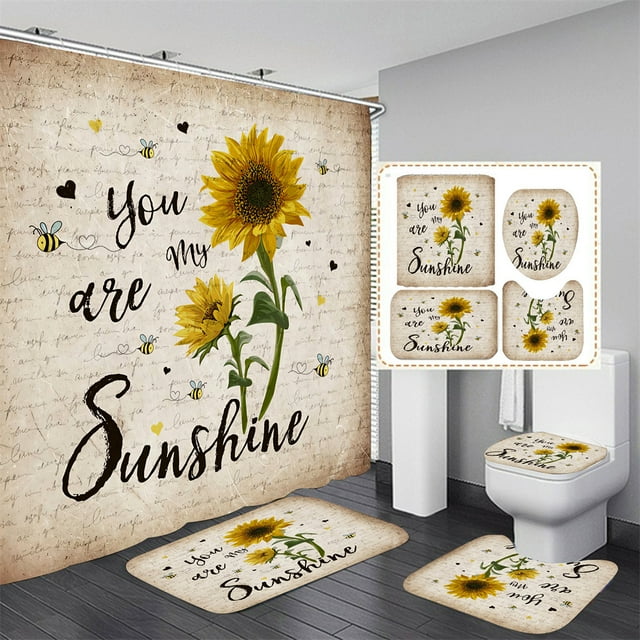 4 Pcs Bathroom Shower Curtain Set,Sunflower Shower Curtain Valentine's
