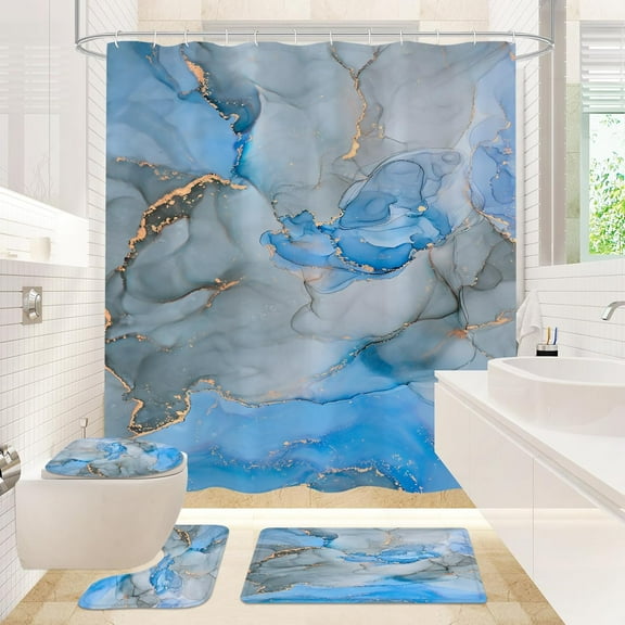 4 Pcs Bathroom Shower Curtain Sets with Non-Slip Rugs, Toilet Lid Cover and Bath Mat, Blue Pink Marble Bathroom Decor Set with Shower Curtain and Rugs and Accessories