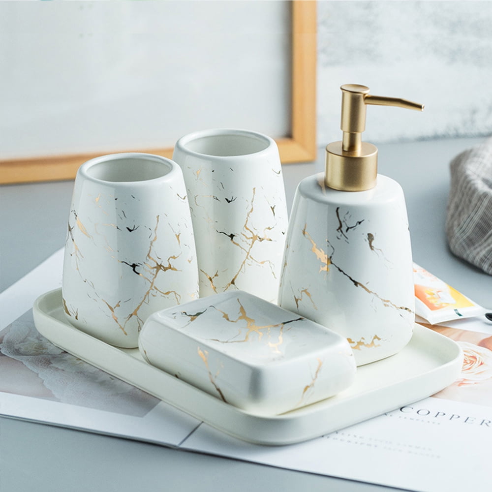 4 Pcs Bathroom Soap Dispenser Set Marble Bathroom Accessories Set Ceramic Bathroom Accessories Complete Set Vanity Countertop Accessory Set- 1 Soap Dispenser, 2 Tumblers, 1 Soap Dish, Glossy White