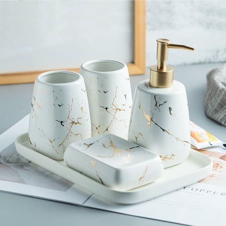 4 Pcs Bathroom Soap Dispenser Set Marble Bathroom Accessories Set Ceramic Bathroom Accessories Complete Set Vanity Countertop Accessory Set- 1 Soap Dispenser, 2 Tumblers, 1 Soap Dish, Glossy White