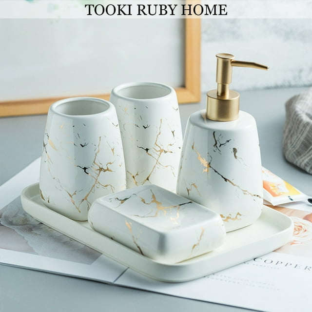 4 Pcs Ceramic Bathroom Set, Marble Soap Dispenser, Tumblers, Dish