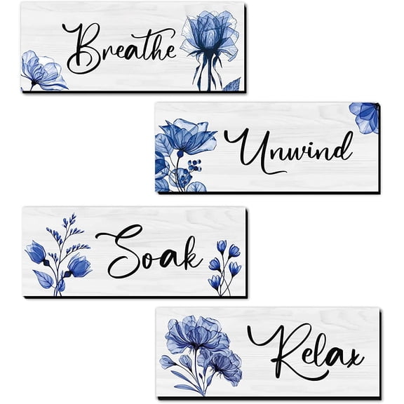 4 Pcs Bathroom Wall Decor, Rustic Wooden Word Signs with Relax Soak Unwind Breathe, Bathroom Wall Art for Home, Vintage Hanging Decor for Bedroom, Living Room, Office(Blue,10x4 Inch)