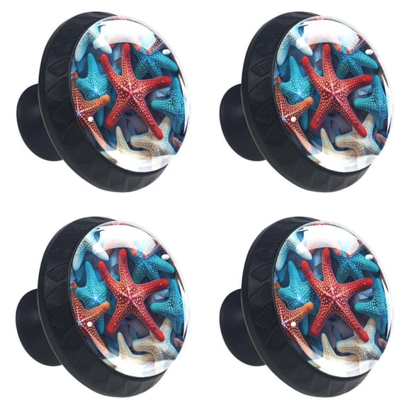 4 Pcs Beach Sea Starfish Print Cabinet Knobs 30mm Round Crystal Glass Drawer Handles Pulls with Screws for Kitchen Cupboard Wardrobe Closet Dresser, Home&Office