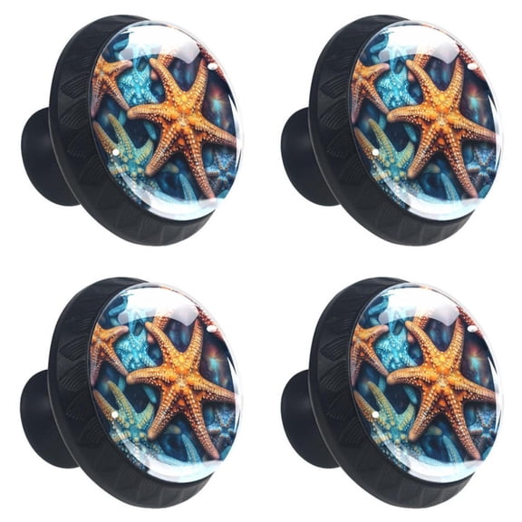 4 Pcs Beach Sea Starfish Print Cabinet Knobs 30mm Round Crystal Glass Drawer Handles Pulls with Screws for Kitchen Cupboard Wardrobe Closet Dresser, Home&Office