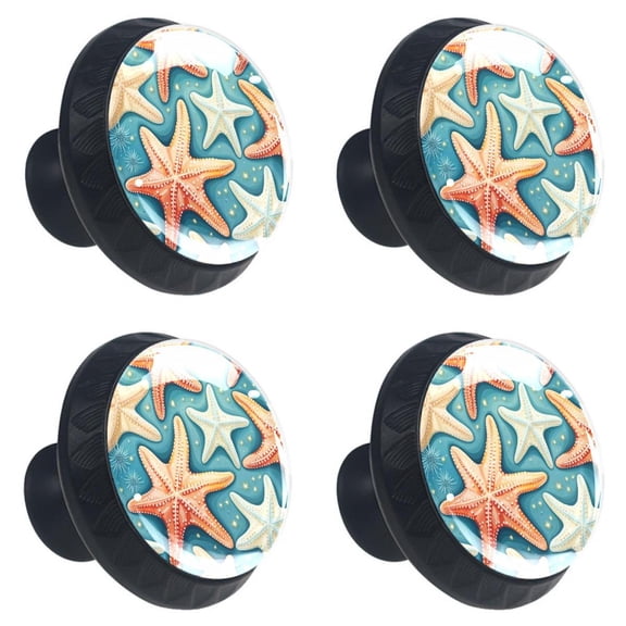 4 Pcs Beach Sea Starfish Print Cabinet Knobs 30mm Round Crystal Glass Drawer Handles Pulls with Screws for Kitchen Cupboard Wardrobe Closet Dresser, Home&Office