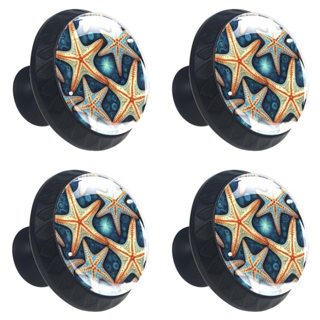 4 Pcs Beach Sea Starfish Print Knobs 30mm Round Crystal Glass