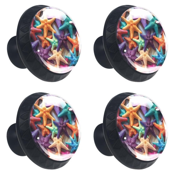 4 Pcs Beach Sea Starfish Print Cabinet Knobs 30mm Round Crystal Glass Drawer Handles Pulls with Screws for Kitchen Cupboard Wardrobe Closet Dresser, Home&Office
