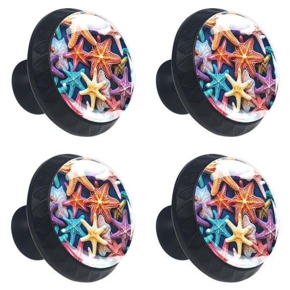 4 Pcs Beach Sea Starfish Print Cabinet Knobs 30mm Round Crystal Glass Drawer Handles Pulls with Screws for Kitchen Cupboard Wardrobe Closet Dresser, Home&Office