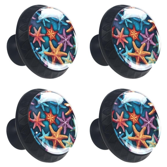 4 Pcs Beach Sea Starfish Print Cabinet Knobs 30mm Round Crystal Glass Drawer Handles Pulls with Screws for Kitchen Cupboard Wardrobe Closet Dresser, Home&Office