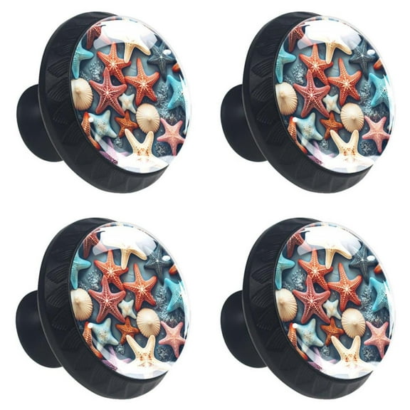 4 Pcs Beach Sea Starfish Print Cabinet Knobs 30mm Round Crystal Glass Drawer Handles Pulls with Screws for Kitchen Cupboard Wardrobe Closet Dresser, Home&Office