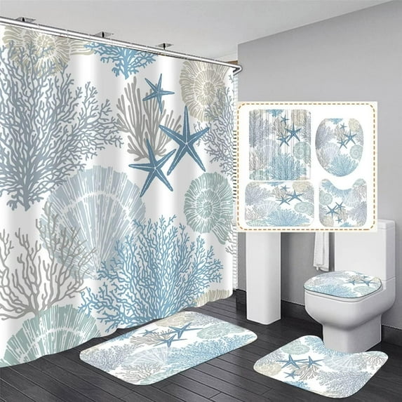 Coastal Style Shower Curtain Sets 4-Piece Waterproof Polyester 72x72 Inch, Blue Ocean & Starfish Design with Non-Slip Bath Mat, Nautical Bathroom Decor Includes 12 Hooks