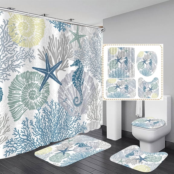 4 Pcs Beach Shower Curtain Blue Bathroom Sets and Rugs Nautical Shower Curtain Sets with Rugs Ocean Shower Curtains for Bathroom Starfish Seashell Bathroom Decor Accessories