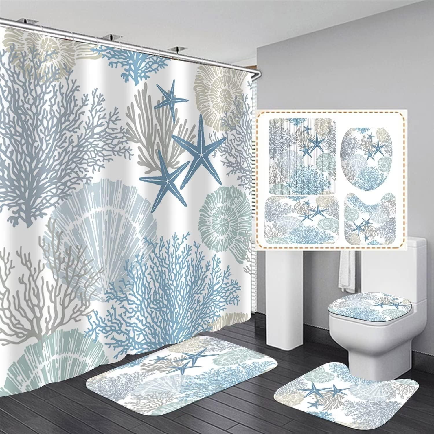 4 Pcs Beach Shower Curtain Blue Bathroom Sets with Shower Curtain and