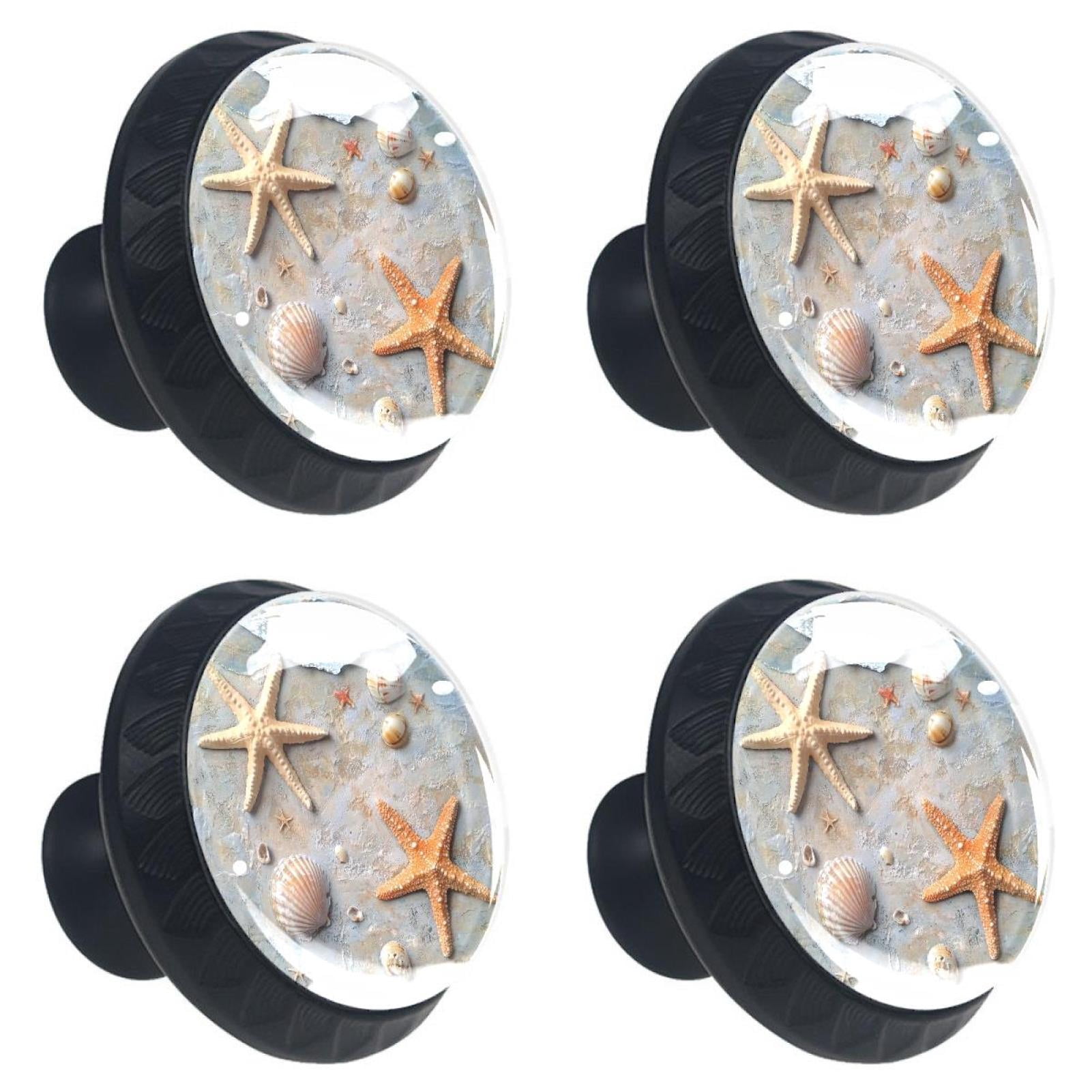 4 Pcs Beach Starfish Shells Print Cabinet Knobs 30mm Round Crystal ...