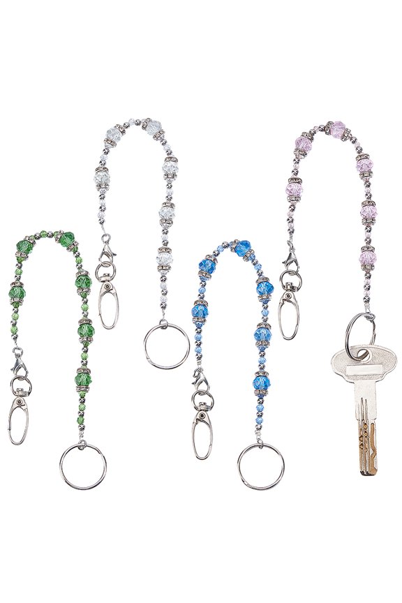 4 Pcs Beads Key Keeper 11.7 Inch Long Multi Colored Glass Beaded Strap Keychain Wallet Purse Lanyard Holder