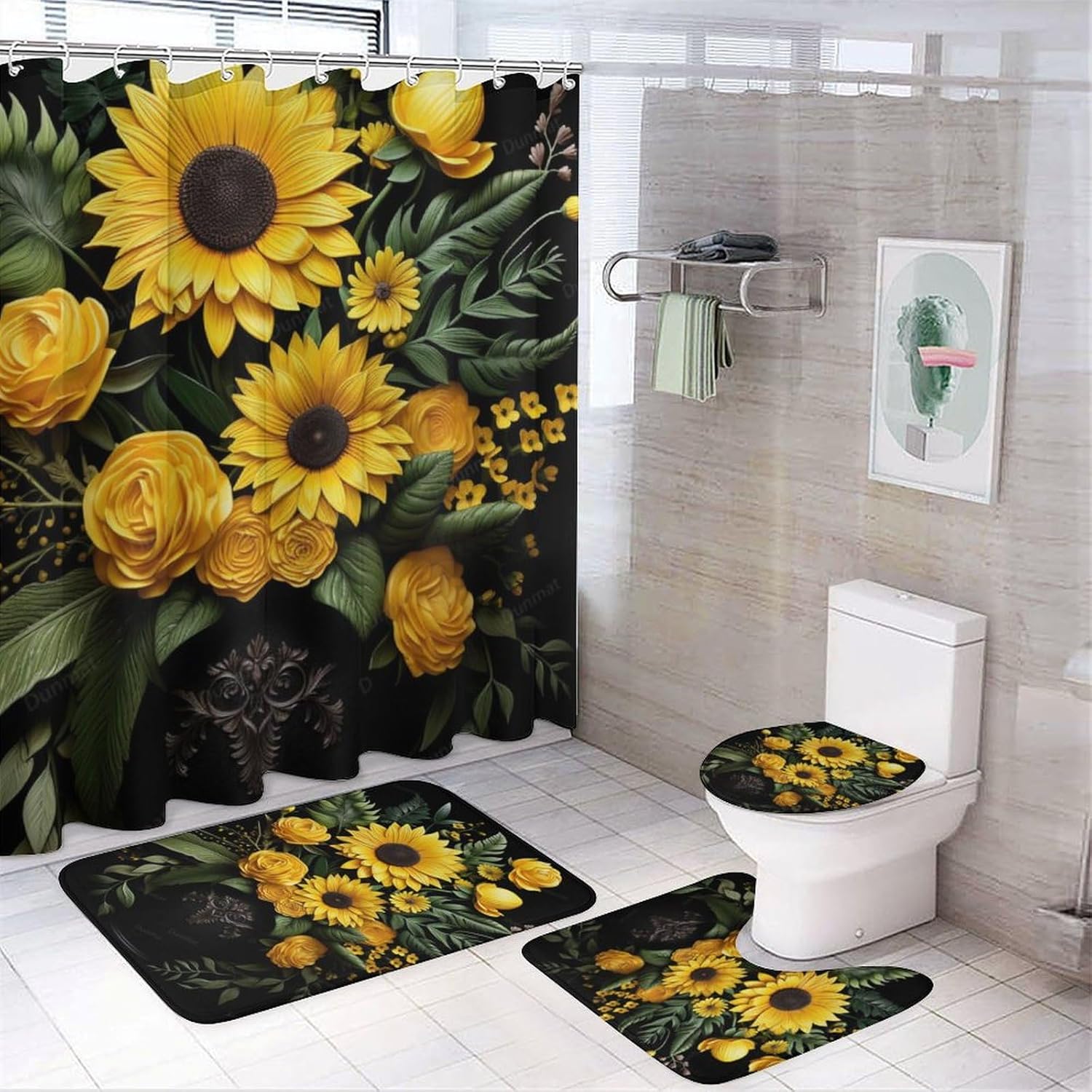 4 Pcs Beautiful Sunflower Shower Curtain Set with NonSlip Rug, Toilet