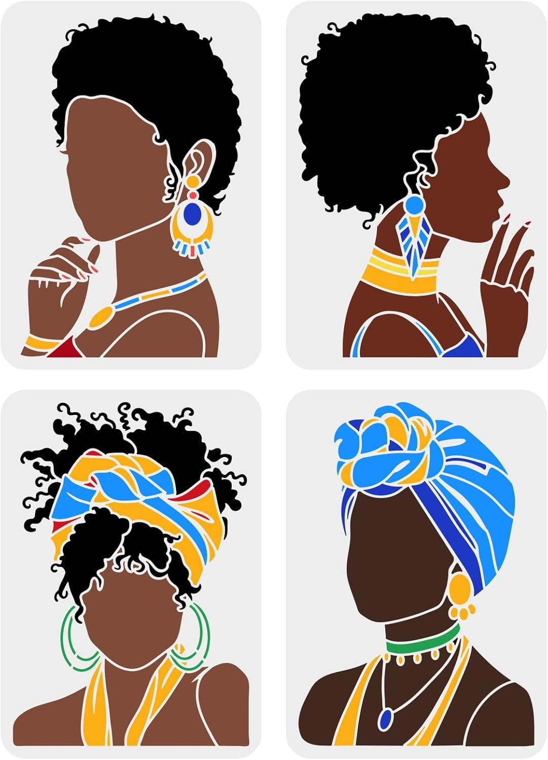 4 Pcs Beauty African Tribal Girl Painting Stencils 11.7x8.3 inch Young