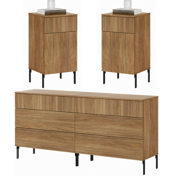 4 Pcs Bedroom Set,6 Drawer Dresser and Nightstand Sets for Bedroom, Night Stand Set of 2, Double Dresser with Reeded Design, Wood Chest of Drawers Modern Storage Cabinet Set