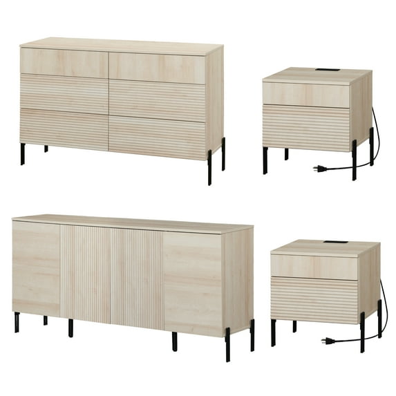 4 Pcs Bedroom Set,6 Drawer Dresser And Nightstand Sets For Bedroom,Night Stand Set Of 2, Modern Accent Cabinet With Hidden Handles, Reed Pattern & Double Chopsticks Legs