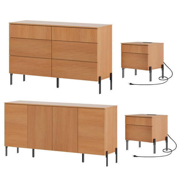 4 Pcs Bedroom Set,6 Drawer Dresser And Nightstand Sets For Bedroom,Night Stand Set Of 2, Modern Accent Cabinet With Hidden Handles, Reed Pattern & Double Chopsticks Legs