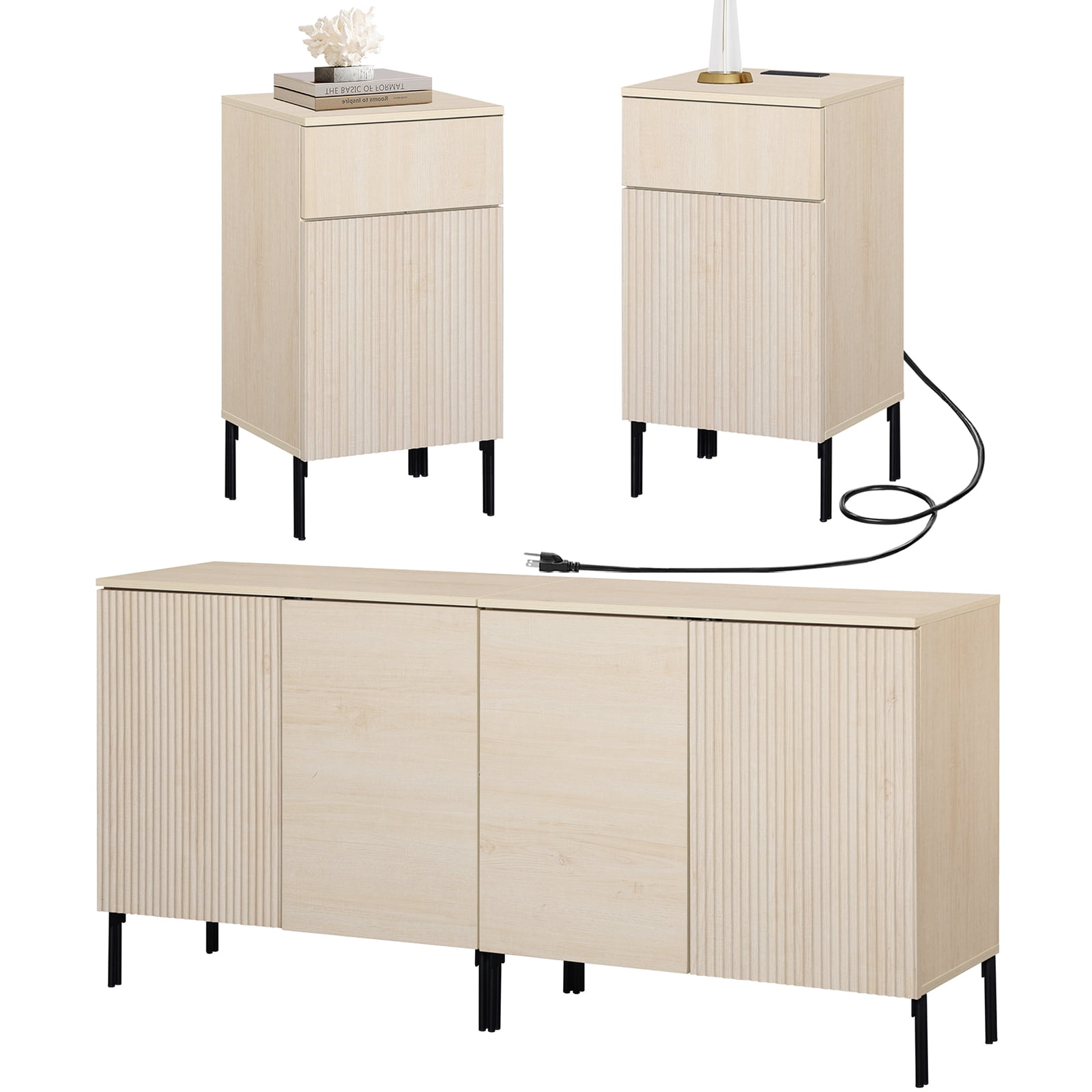 4 Pcs Bedroom Set，Reeded Dresser and Nightstand Sets for Bedroom, Wooden Dresser Set with Adjustable Shelves, Night Stand of 2 with Charging Station