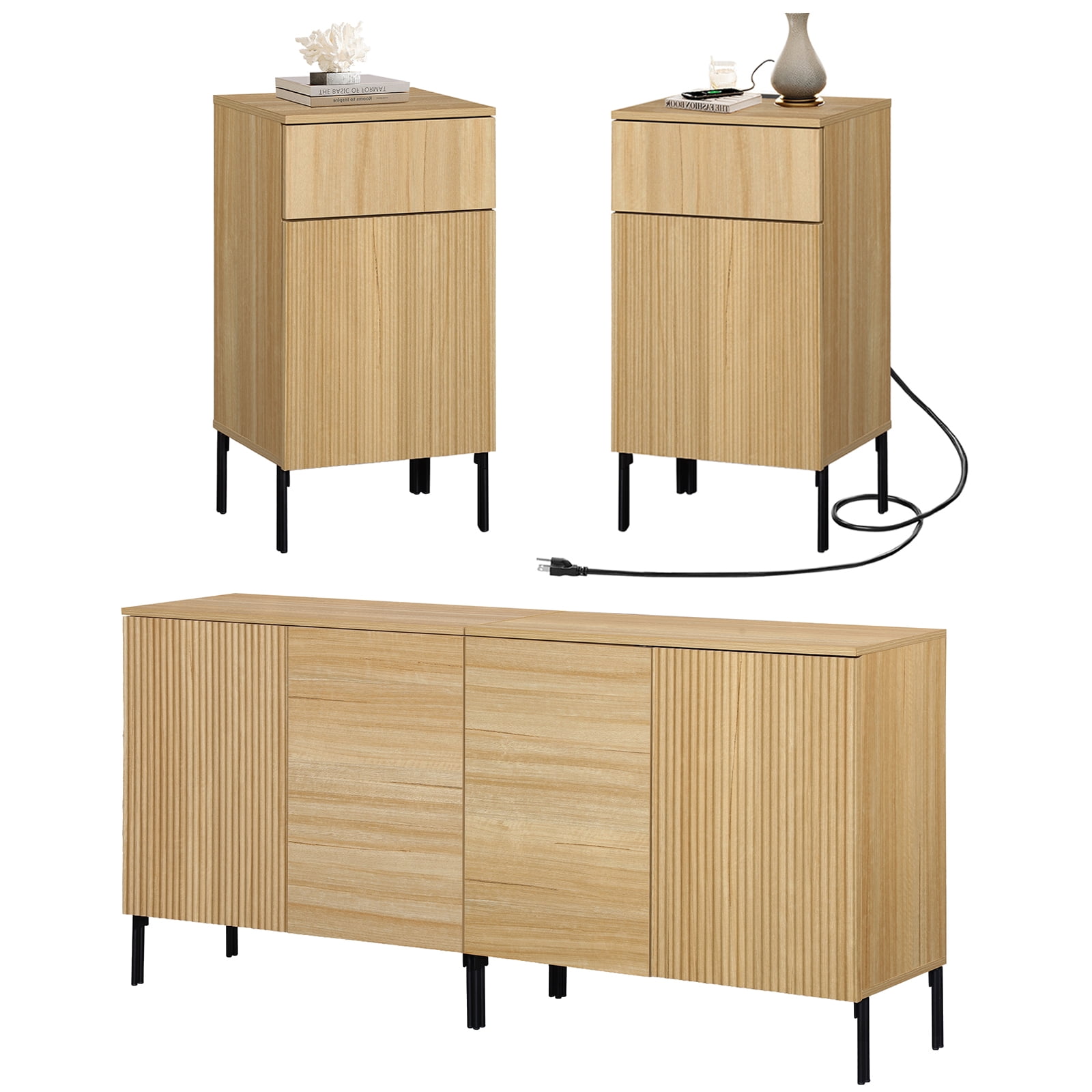 4 Pcs Bedroom Set，Reeded Dresser and Nightstand Sets for Bedroom, Wooden Dresser Set with Adjustable Shelves, Night Stand of 2 with Charging Station