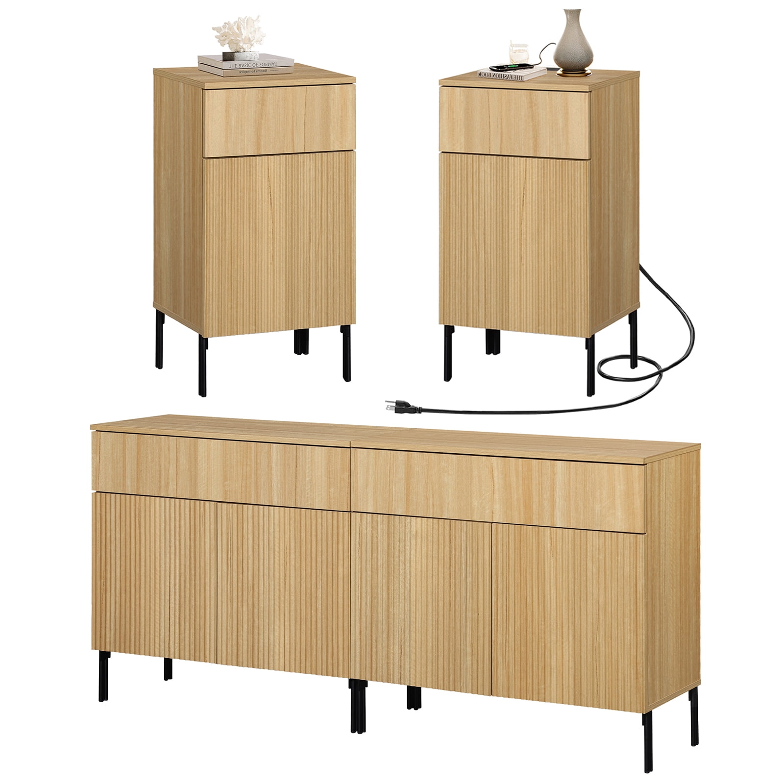 4 Pcs Bedroom Set，Reeded Dresser and Nightstand Sets for Bedroom, Wooden Dresser Set with Doors, Night Stand of 2 with Charging Station