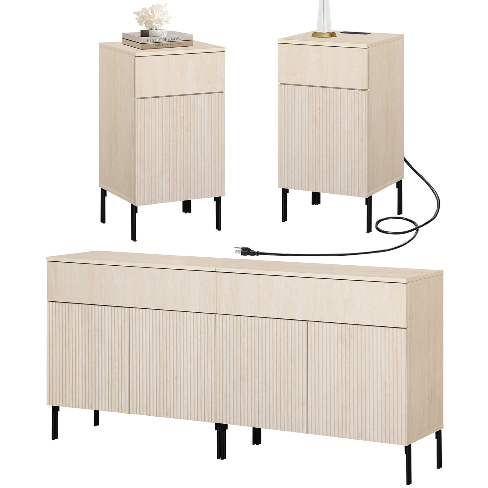 4 Pcs Bedroom Set，Reeded Dresser and Nightstand Sets for Bedroom, Wooden Dresser Set with Doors, Night Stand of 2 with Charging Station