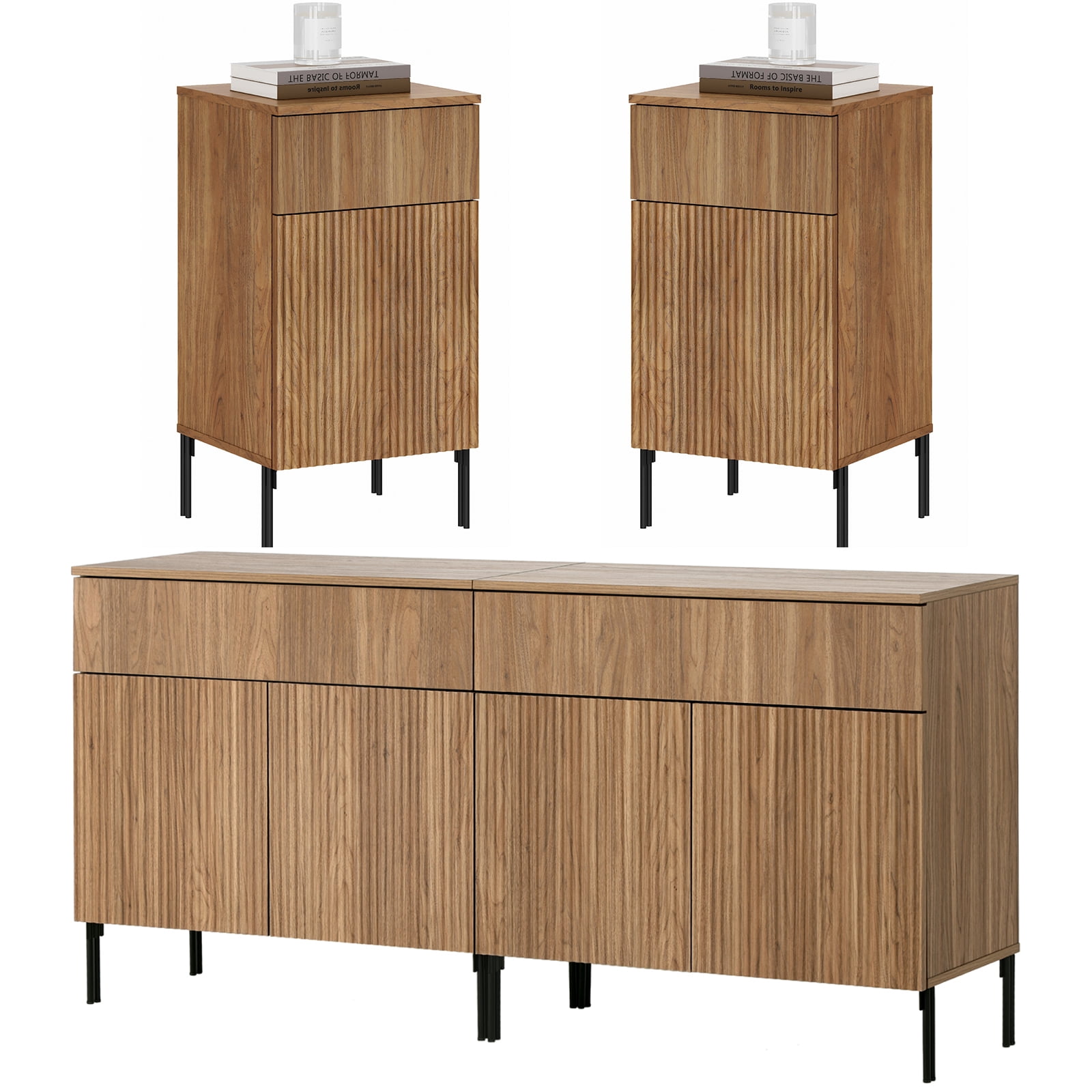 4 Pcs Bedroom Set，Reeded Dresser and Nightstand Sets for Bedroom, Wooden Dresser Set with Doors, Night Stand of 2 with Charging Station