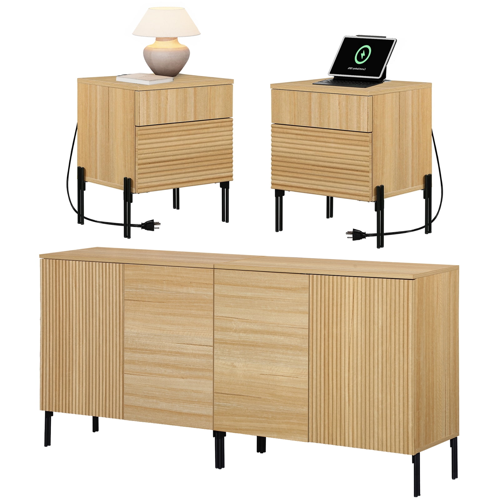 4 Pcs Bedroom Set，Wooden Dresser and Nightstand Sets for Bedroom, Reeded Dresser Set with Adjustable Shelves, Night Stand of 2 with Charging Station